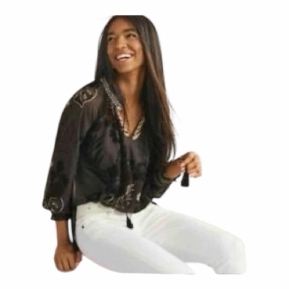 Cabi Aloha Tropical Sheer Dk Floral Peasant Smocked Cuff Tassle Neck Blouse SZ L